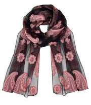 Lightweight Sheer Embroidered Paisley Burnout Summer Scarf Black Pink