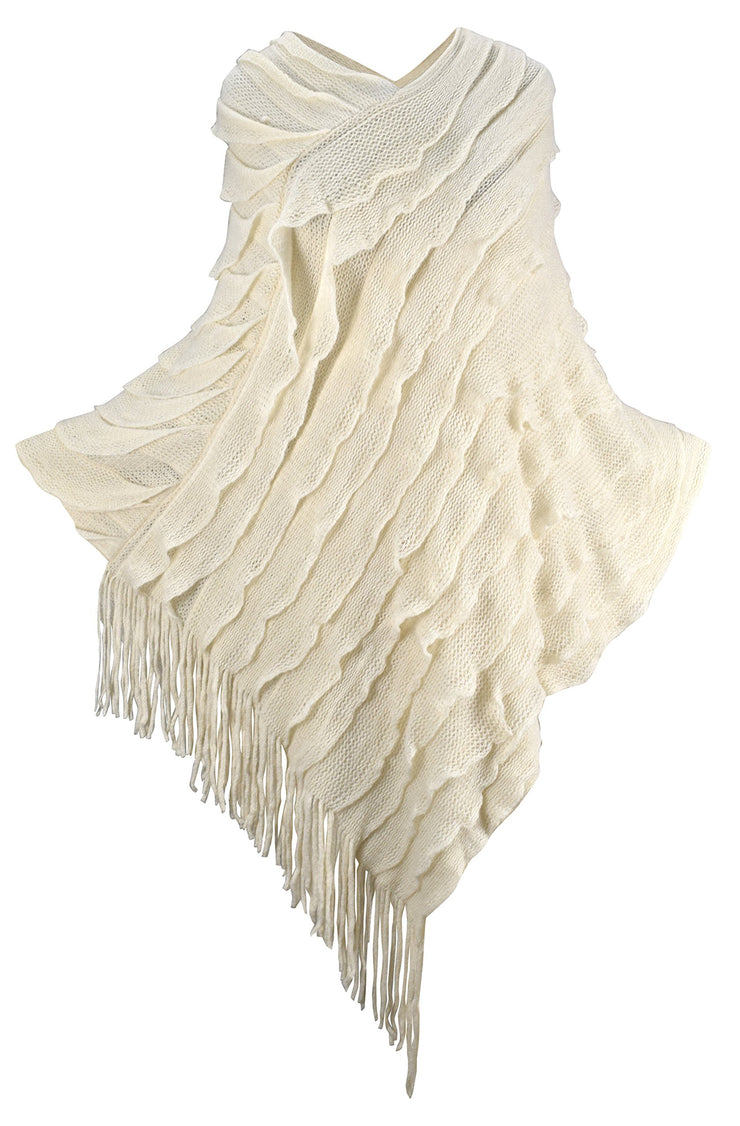 Women's Light Trendy Ruffle Batwing with Fringe Shawl Wrap Poncho