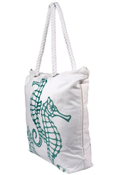 Premium Cotton Canvas Beach Handbags Nautical Seahorse Design Bag