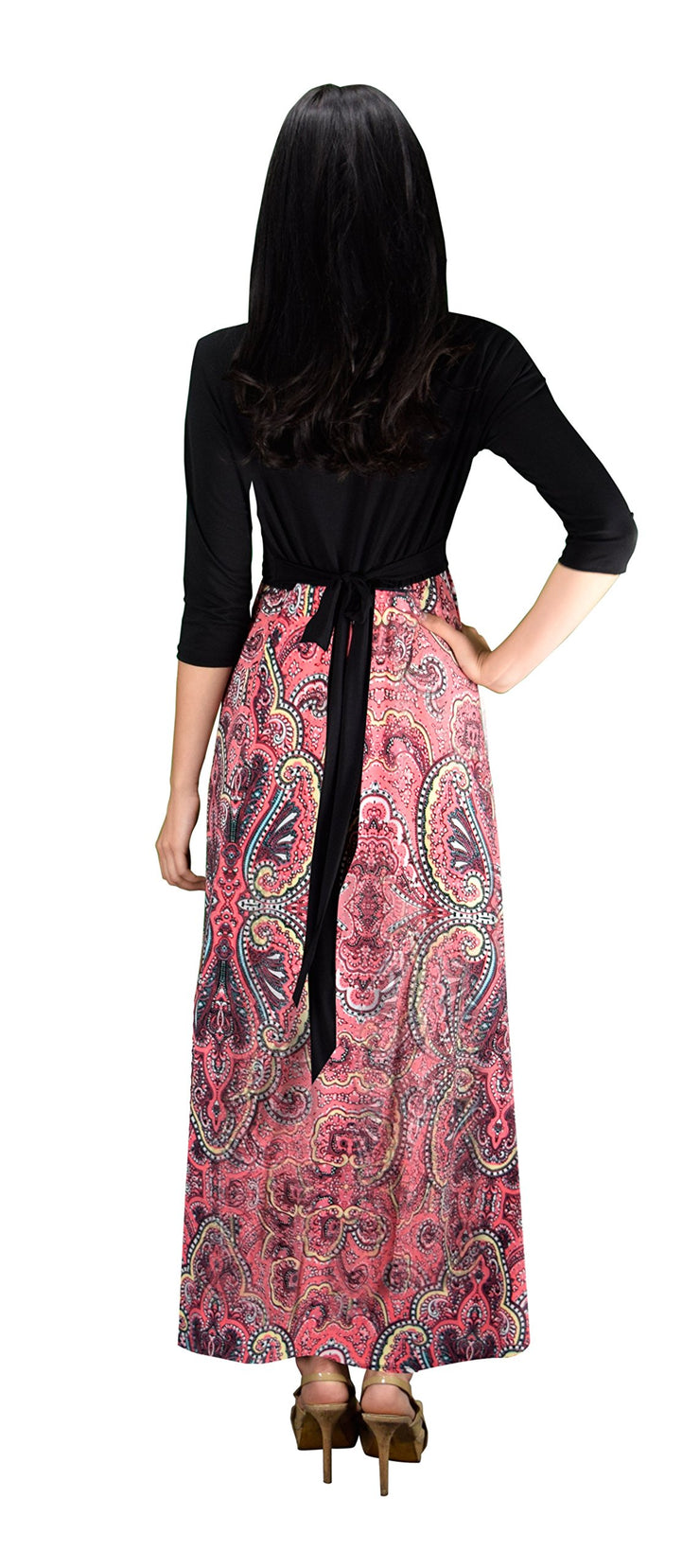 Womens Casual Summer Black Paisley Elastic Waist Maxi Long Dress