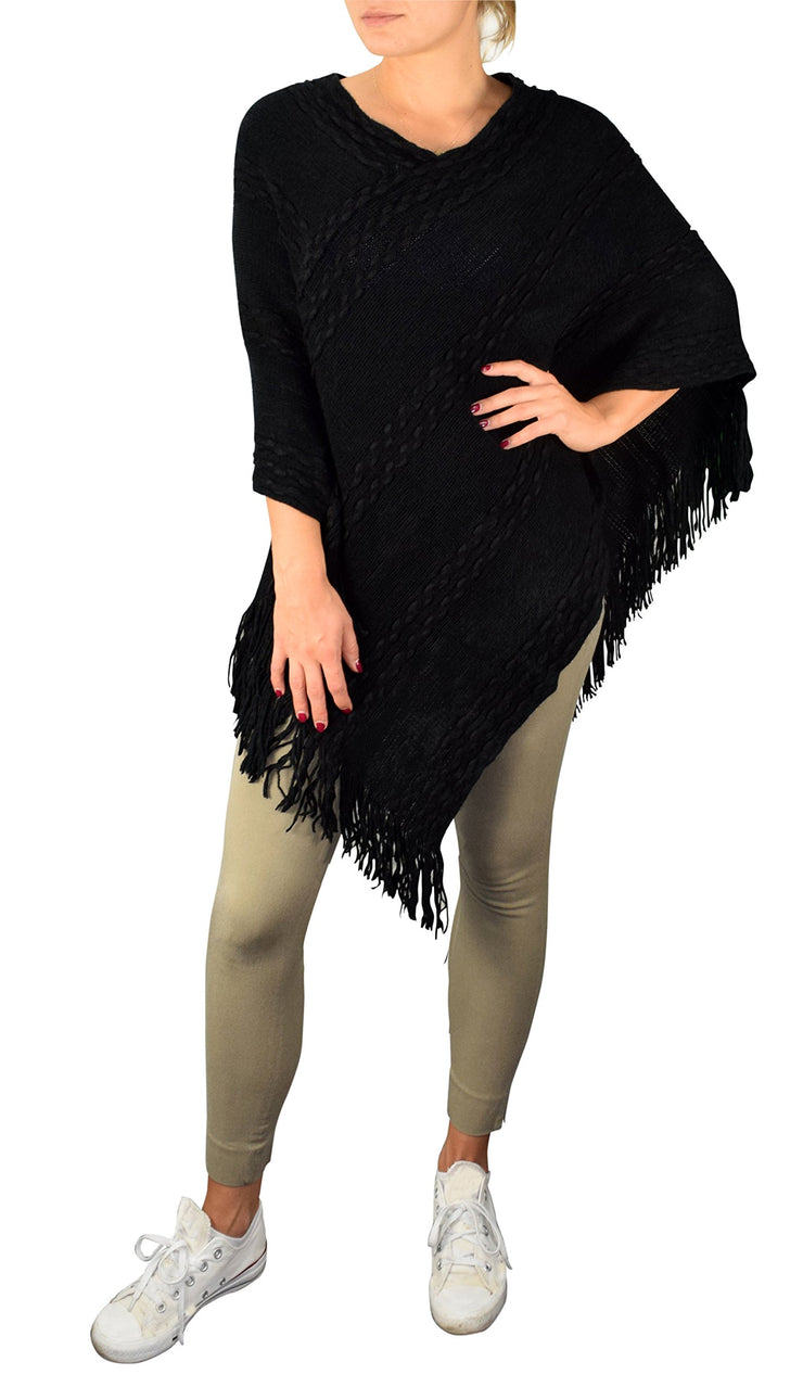 crittendenwayapartments Retro Style Thick Knit Cozy Winter Poncho Sweater with Fringes