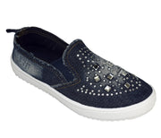 Girls Fashion Distressed Denim Rhinestone Embellished Casual Shoes Slip On Sneakers