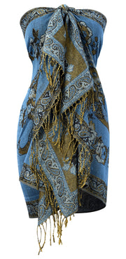 Floral Peacock Reversible Shimmer Layered Pashmina Wrap Shawl Scarf