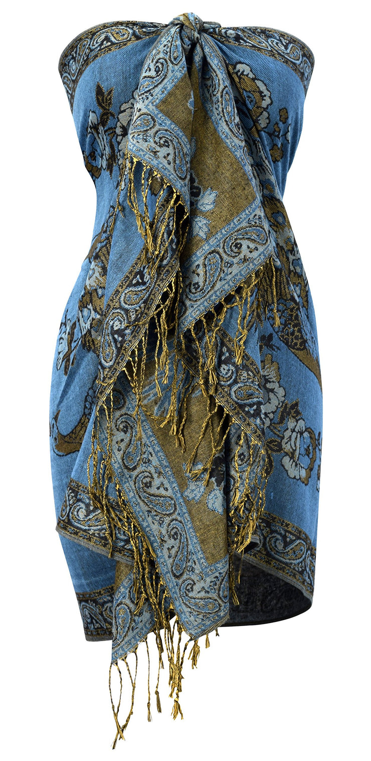 Peacock Reversible Floral Shimmer Layered Pashmina Wrap Shawl Scarf