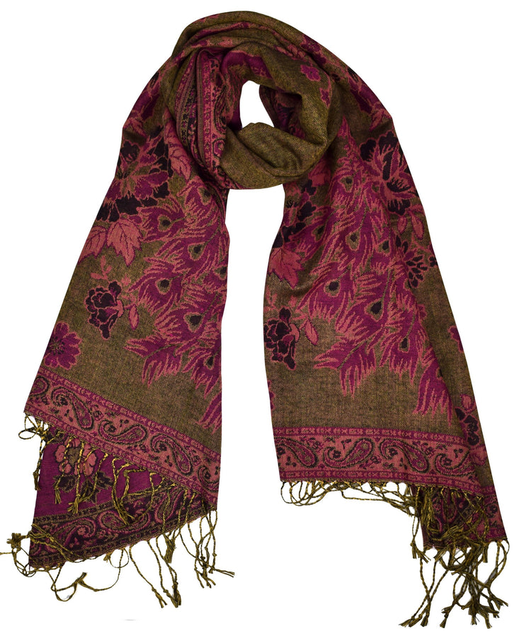 Floral Peacock Reversible Shimmer Layered Pashmina Wrap Shawl Scarf