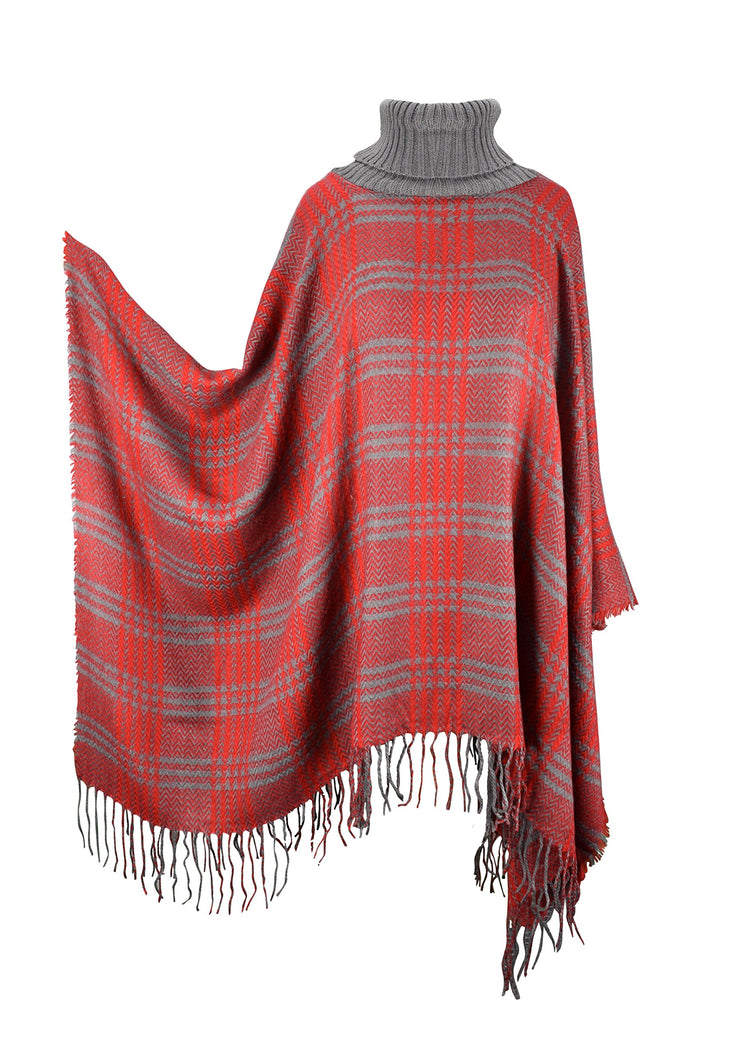 Turtle Neck Checkered Winter Poncho Sweater Pullovers With Fringes