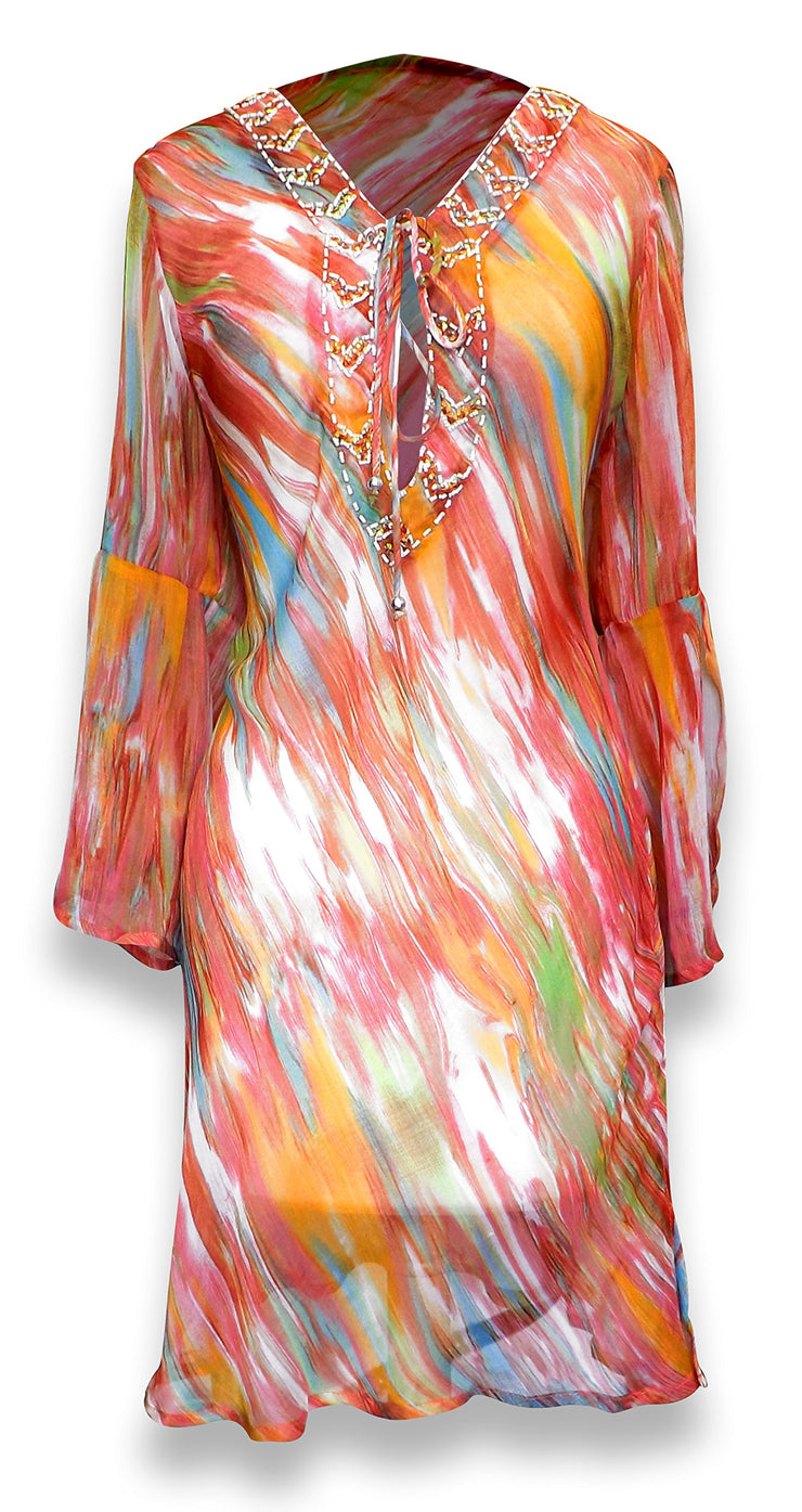 veritasfinancialgrp Sheer Multi Print Drape Bathing Suit Cover Up Tunic Top Swim Dress