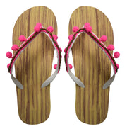 Casual Summer Bright Pom Pom Trim Beach Flip Flop Thong Sandal