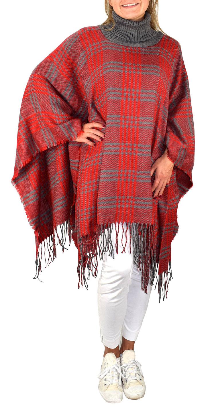 Turtle Neck Checkered Winter Poncho Sweater Pullovers With Fringes