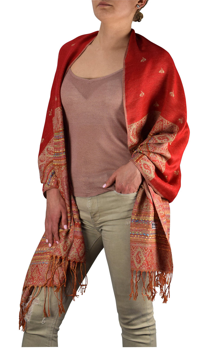 Ethnic Design Tribal Border Reversible Bohemian Pashmina Shawl Scarf Stole Wrap