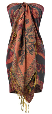 Floral Peacock Reversible Shimmer Layered Pashmina Wrap Shawl Scarf