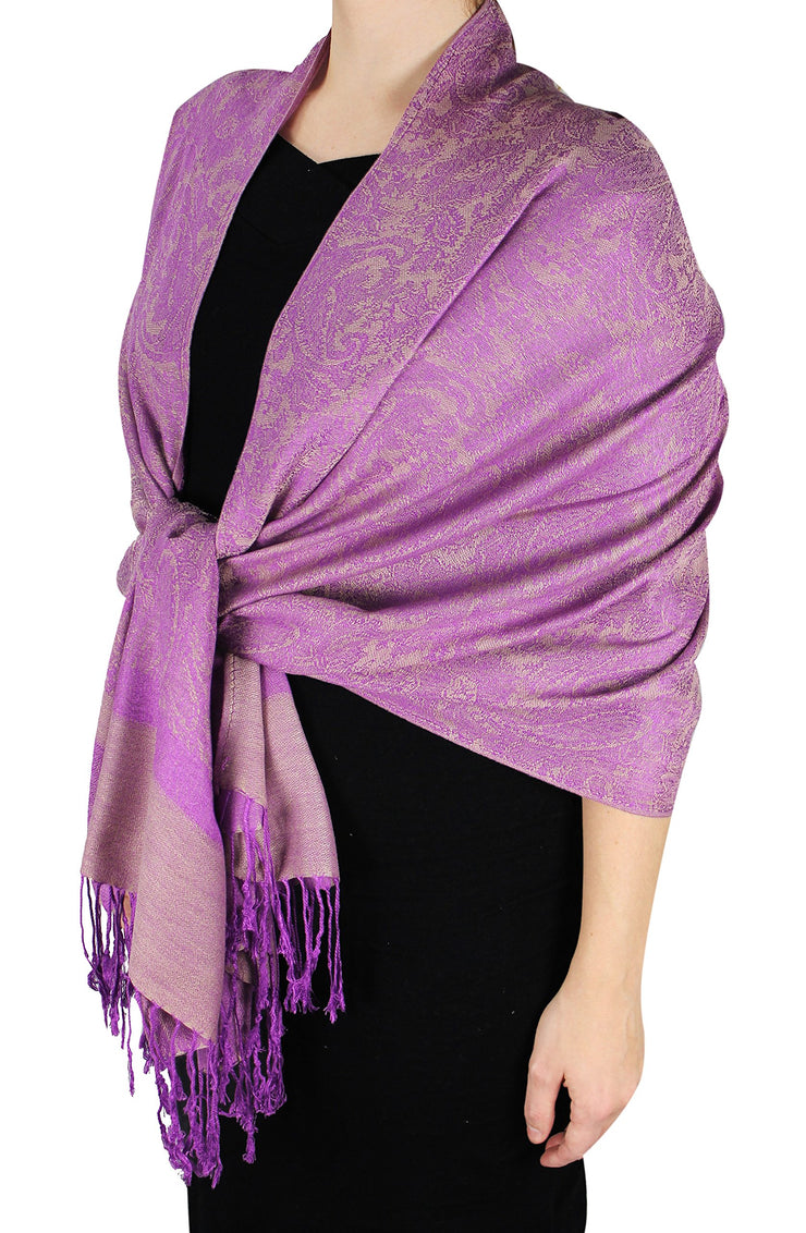 Double Layer Hues of Purple Jacquard Paisley Pashmina Feel Shawl Light Purple