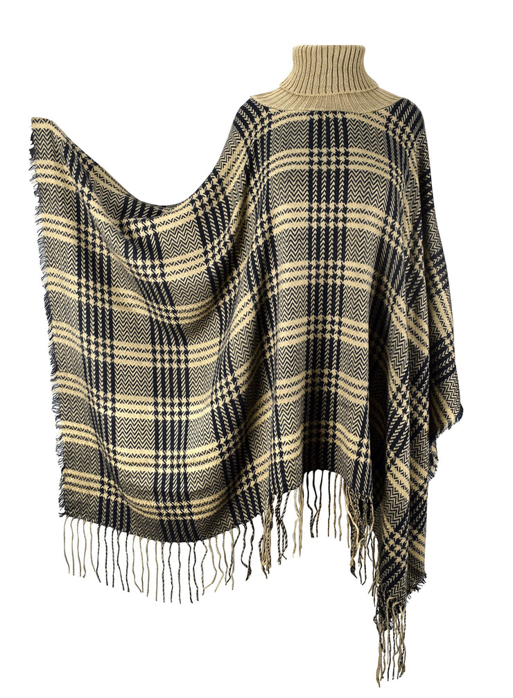 Turtle Neck Checkered Winter Poncho Sweater Pullovers With Fringes