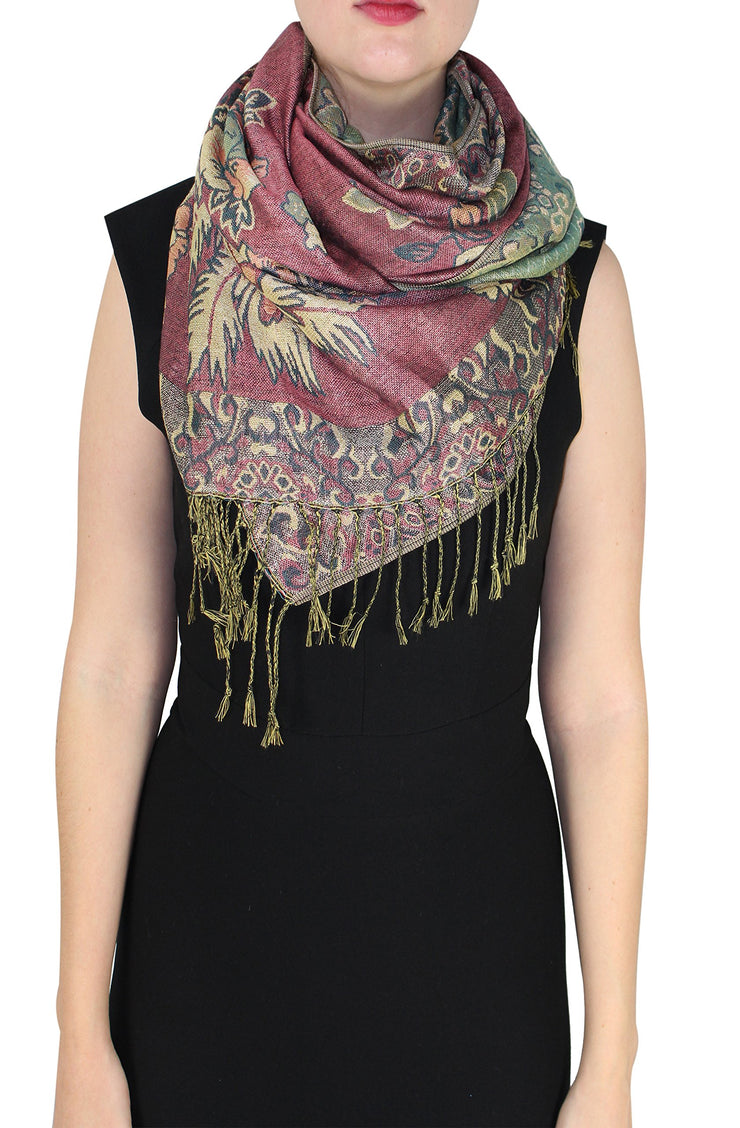 Floral Peacock Reversible Shimmer Layered Pashmina Wrap Shawl Scarf