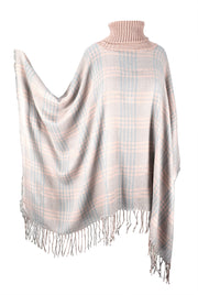 Turtle Neck Checkered Winter Poncho Sweater Pullovers With Fringes