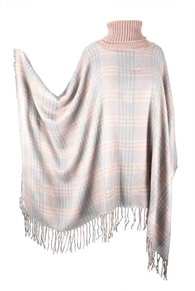 Turtle Neck Checkered Winter Poncho Sweater Pullovers With Fringes