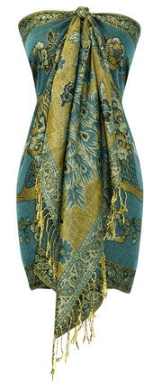 Peacock Reversible Floral Shimmer Layered Pashmina Wrap Shawl Scarf