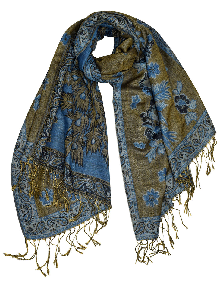 Floral Peacock Reversible Shimmer Layered Pashmina Wrap Shawl Scarf