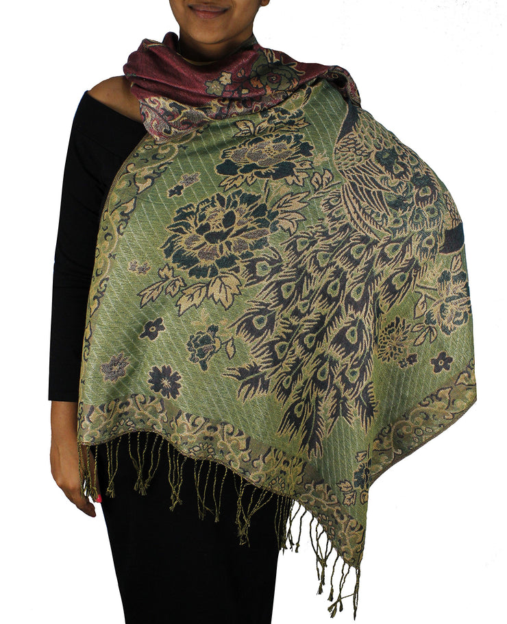 Peacock Reversible Floral Shimmer Layered Pashmina Wrap Shawl Scarf