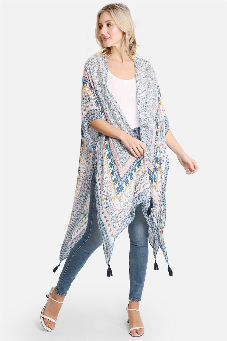 "Miuccia" Elephant Print Long Kimono W/ Tassels