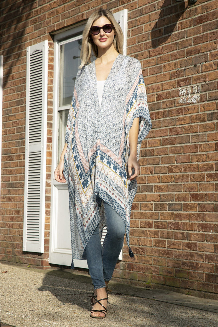 "Miuccia" Elephant Print Long Kimono W/ Tassels