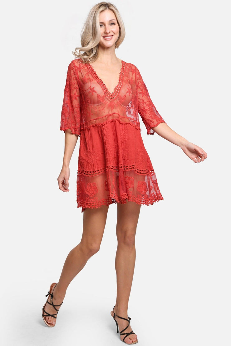 "Anna" Floral Pattern V-Neck Short Lace Cover-Up