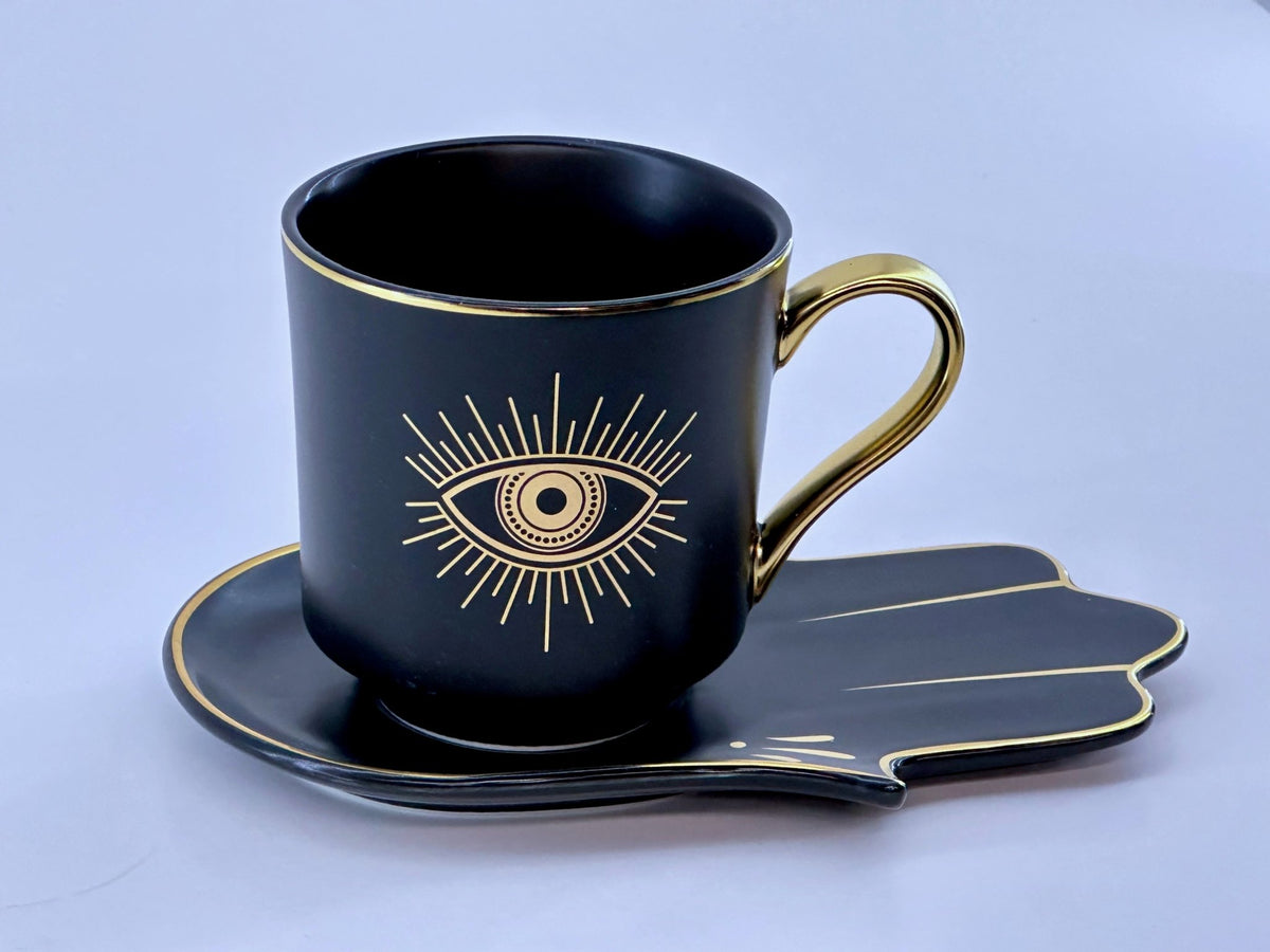 Isaac licentie Gelovige 2 Pcs. Ceramic Evil Eye Tea Mug with Hamsa Hand Saucer, Black – Gifts With  Art