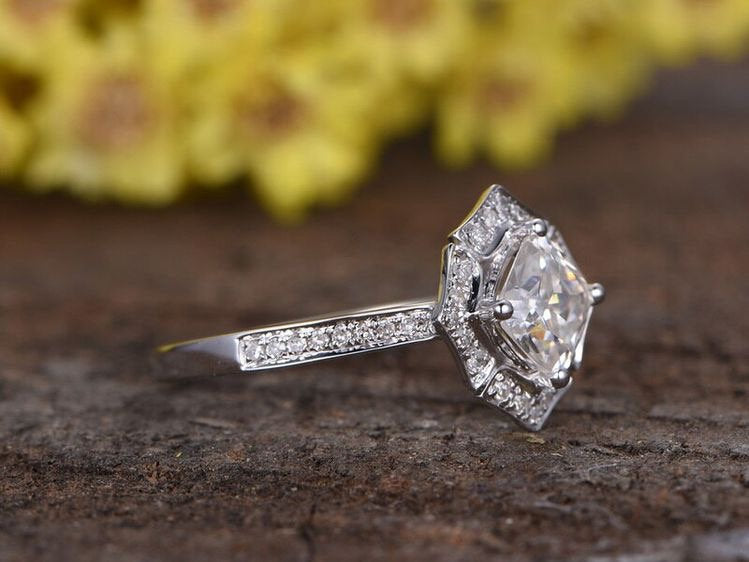 Half Carat Princess Cut White Moissanite Diamond Solitaire Engagement Ring 