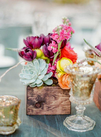 Bright Florals in wooden box wedding centerpiece