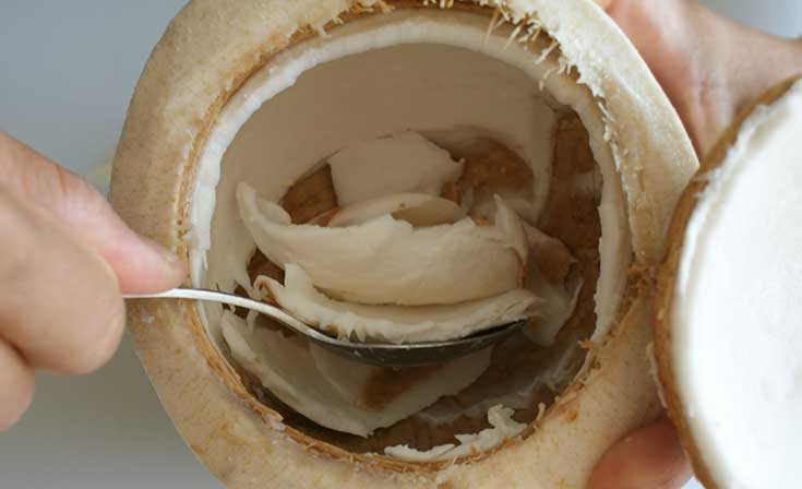 Scooping out flesh from young coconut