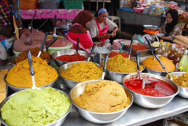 Curry pastes for sale market stall Thailand