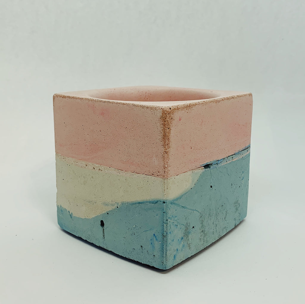 Pink, Blue, White, and Brown Large Concrete Square Vessel