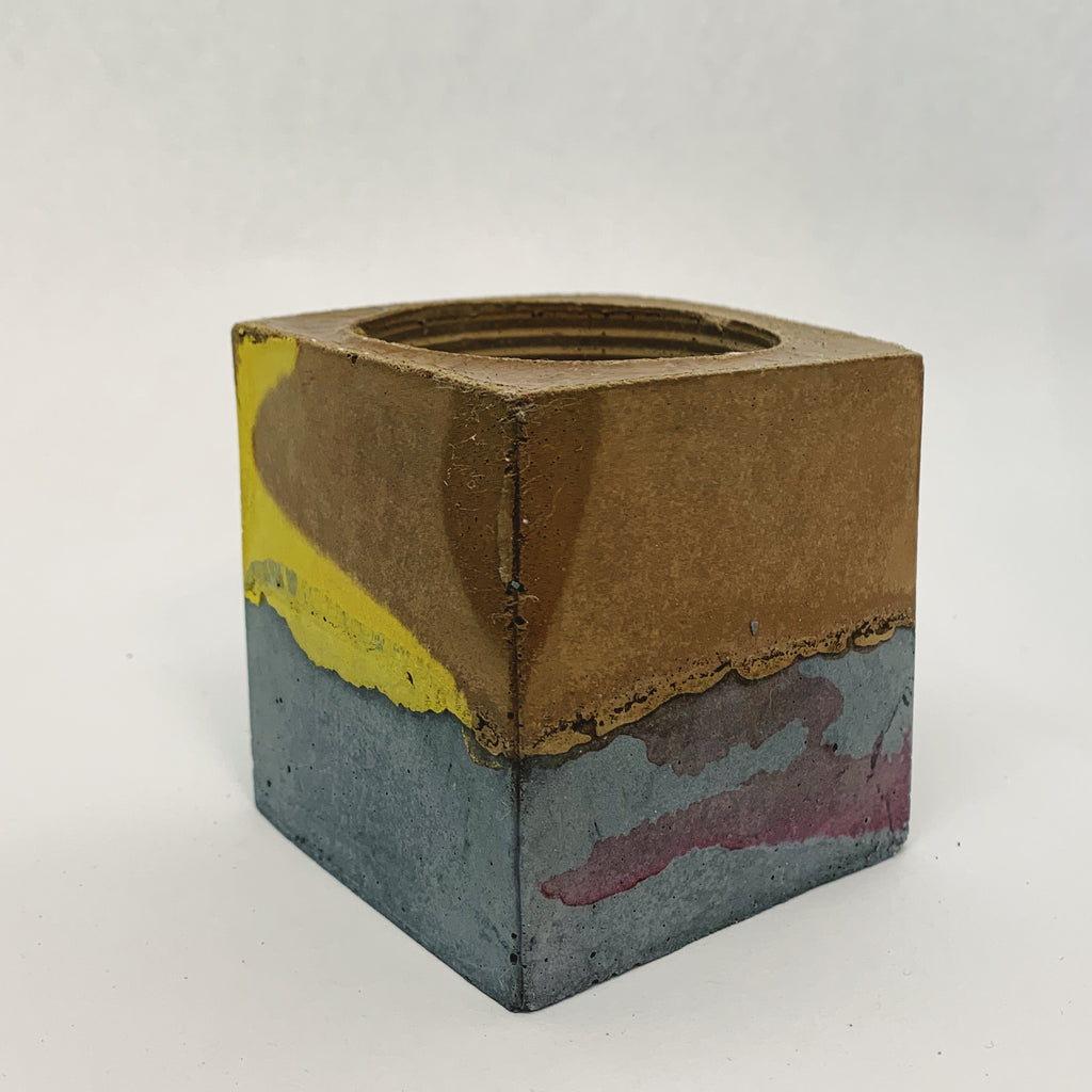 Brown, Blue, Purple, and Yellow Small Concrete Square Vessel
