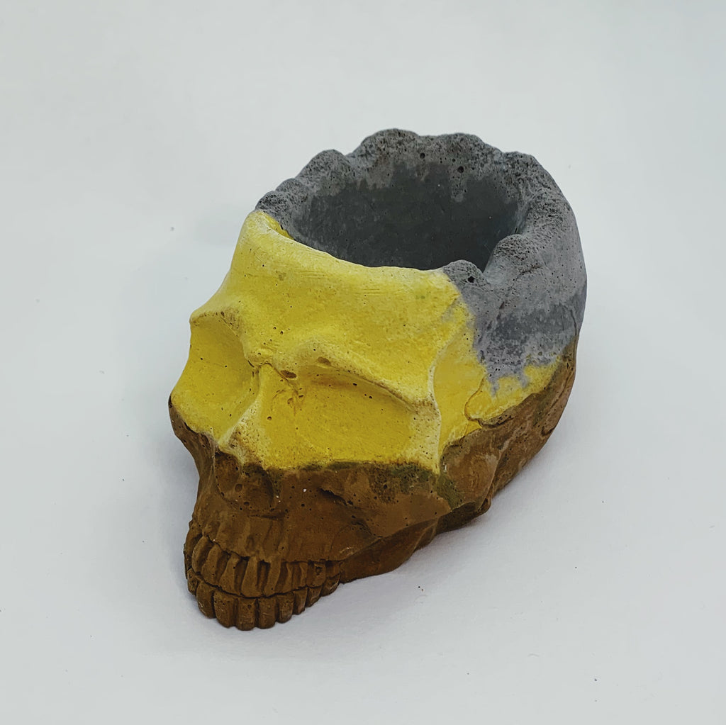 Grey, Yellow, and Brown Concrete Skull Object
