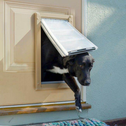 black dog walking through endura flap pet door for doors
