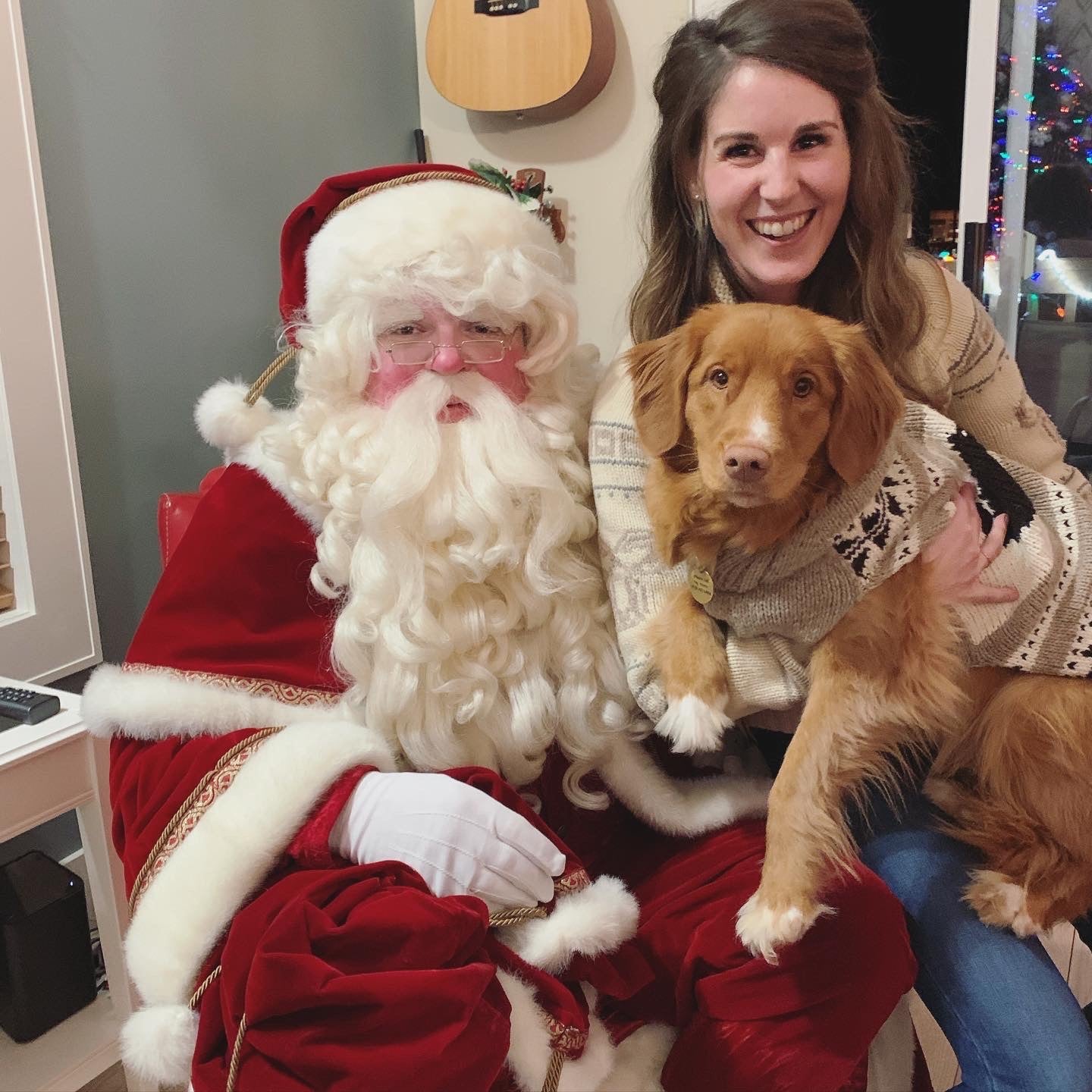 Ginny the dog poses with her mom and Santa as part of the What Sparks Holiday Joy blog post with Rocky Mountain Soap Company.