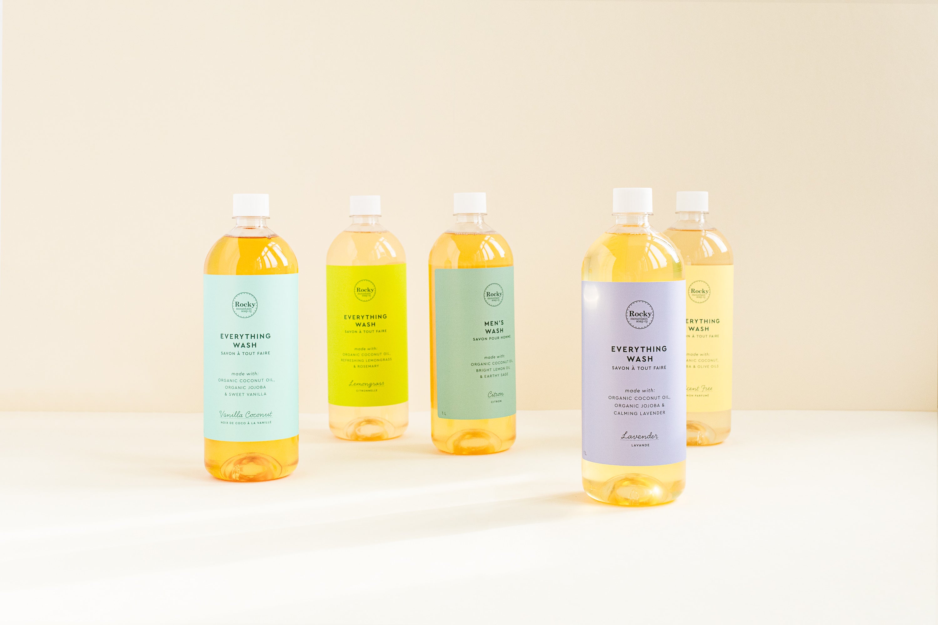 Multiple 1 litre natural liquid soap bottles. 