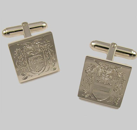 Hand engraved crest on sterling silver square cufflinks
