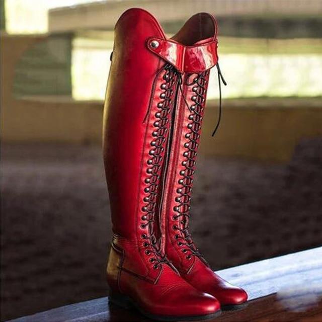 red knee high lace up boots