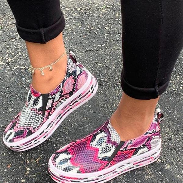 multicolored snake print shoes