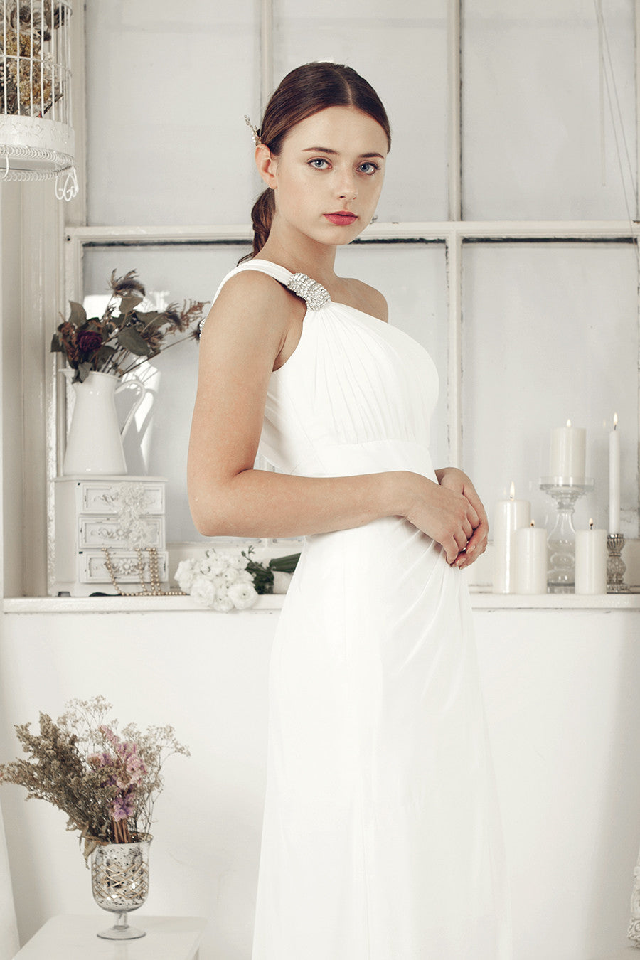 Ivory One Shoulder Chiffon Wedding Dress 80839 Elliot Claire London 