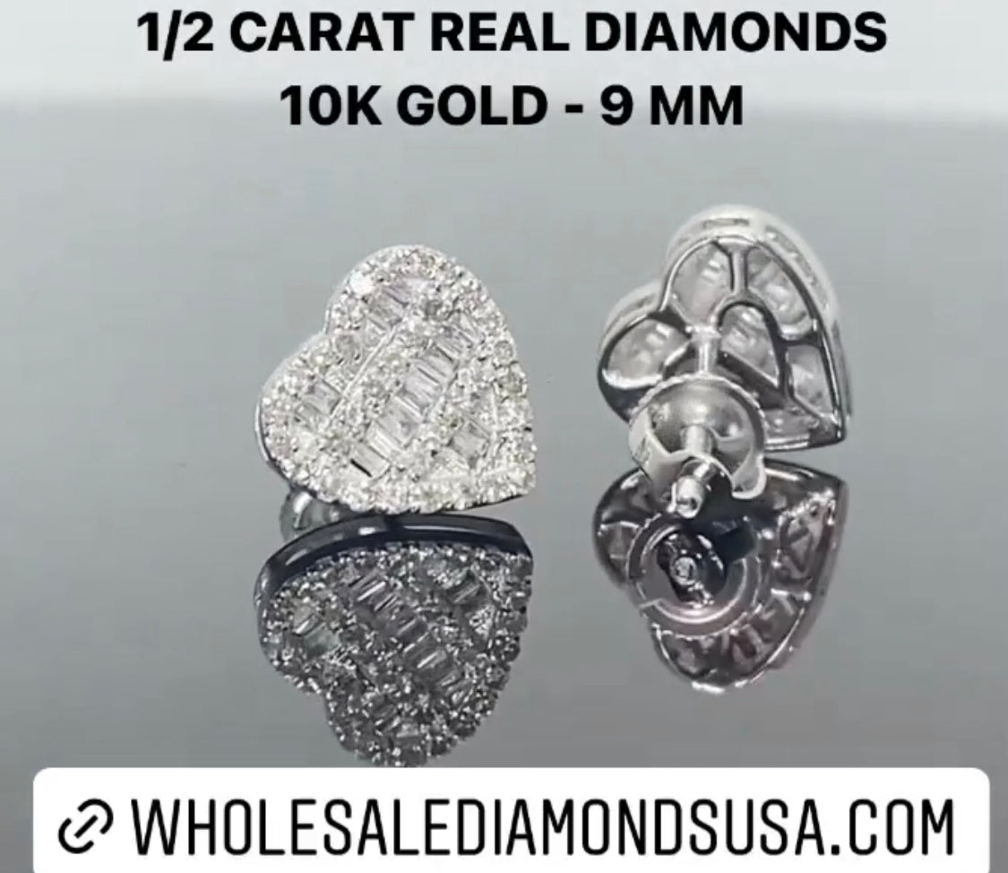 10K WHITE GOLD .50 CARAT REAL DIAMOND 9MM WOMENS HEART HOOPS EARRINGS HUGGIE STUDS