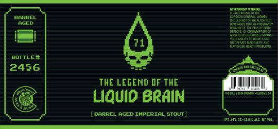 Image of the latest edition beer label for The Legend Of The Liquid Brain Imperial Stout, by Bull & Bush Brewery of Glendale, CO