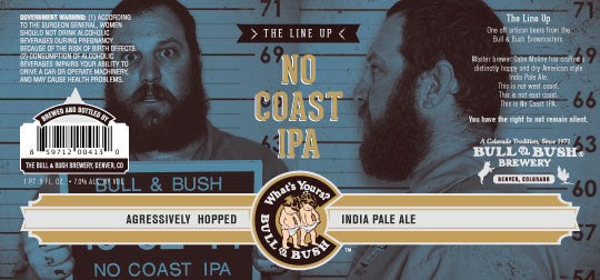 Image of the beer label for The Line Up - No Coast IPA, by Bull & Bush Brewery of Glendale, CO