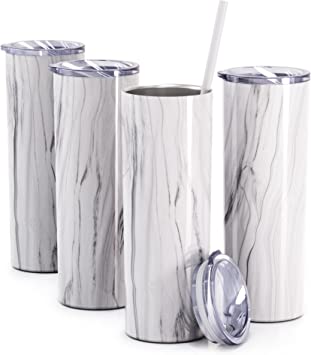 20 oz Skinny Grey Marble Tumbler with Lid and Straw