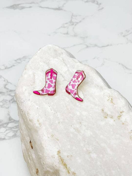 Cow Print Cowboy Boot Acrylic Stud Earrings