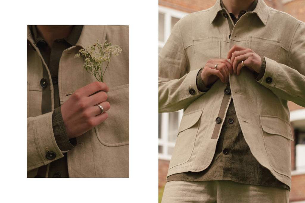 A model wearing Oliver Spencer's sand linen Cowboy jacket and matching trousers, together with a khaki green shirt.