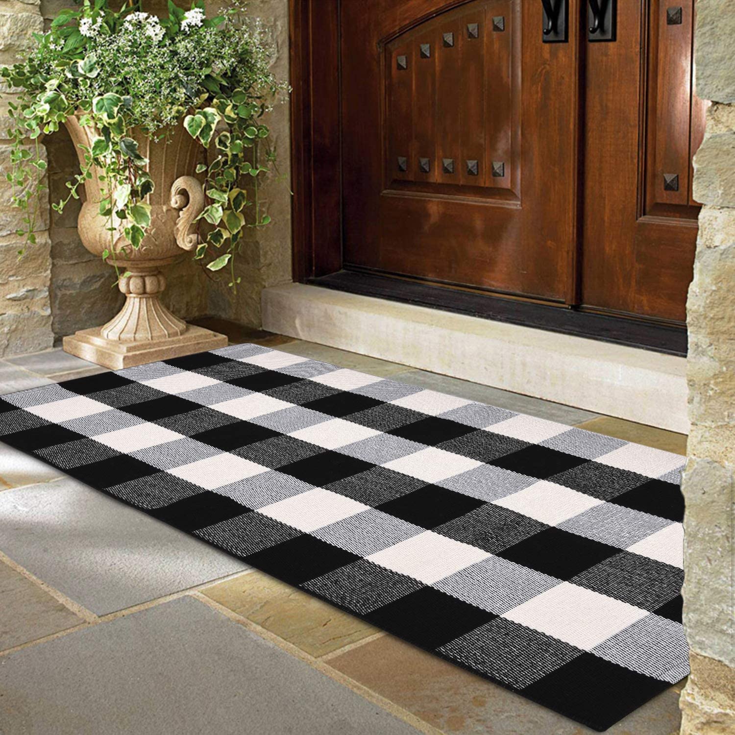 Upgraded Anti-Slip Mat 24x36 Black and White Buffalo Plaid Rug Front Porch