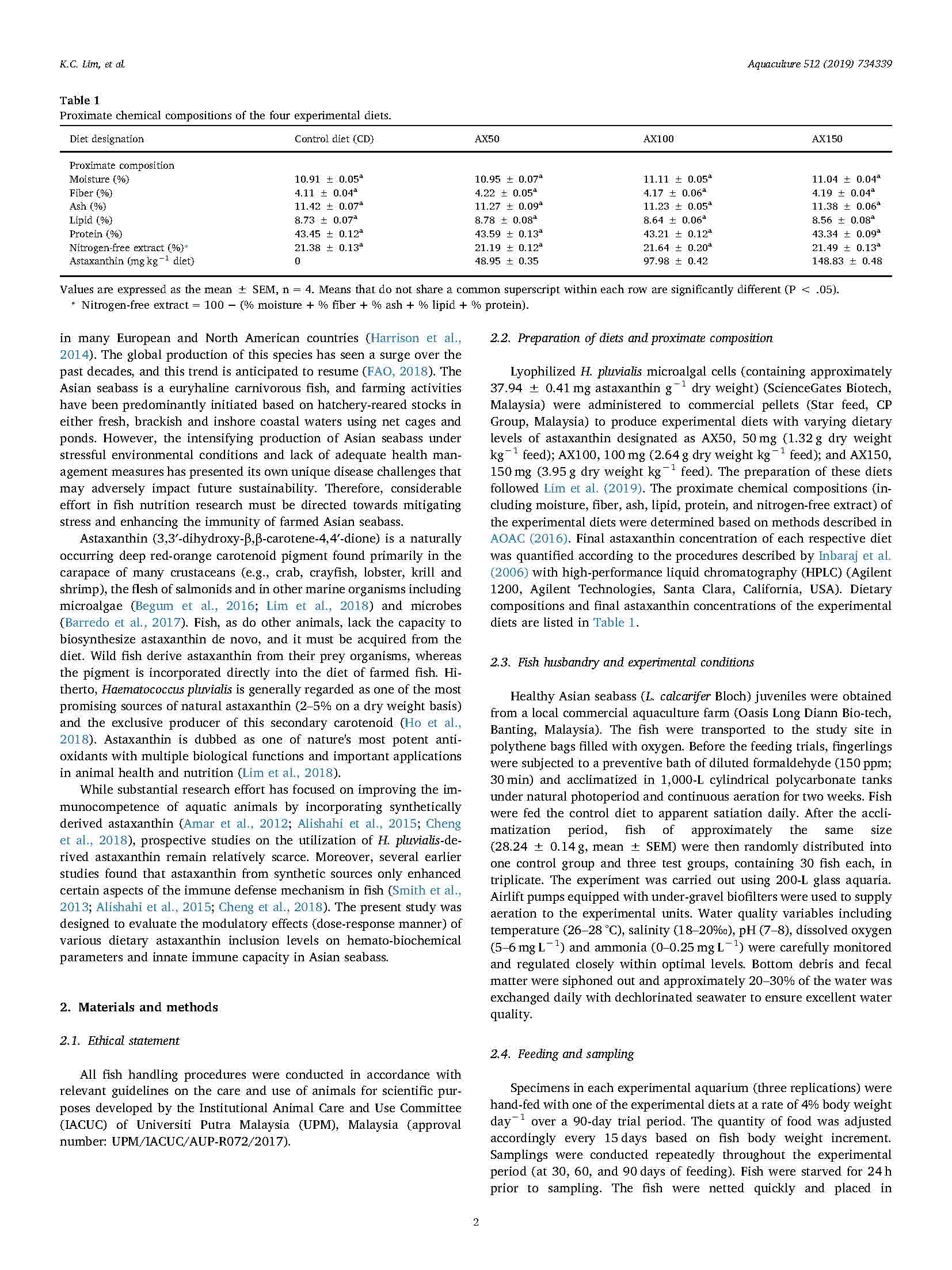 Dietary supplementation of astaxanthin enhances hemato-biochemistry and innate immunity of Asian seabass, Lates calcifer (Bloch, 1790)