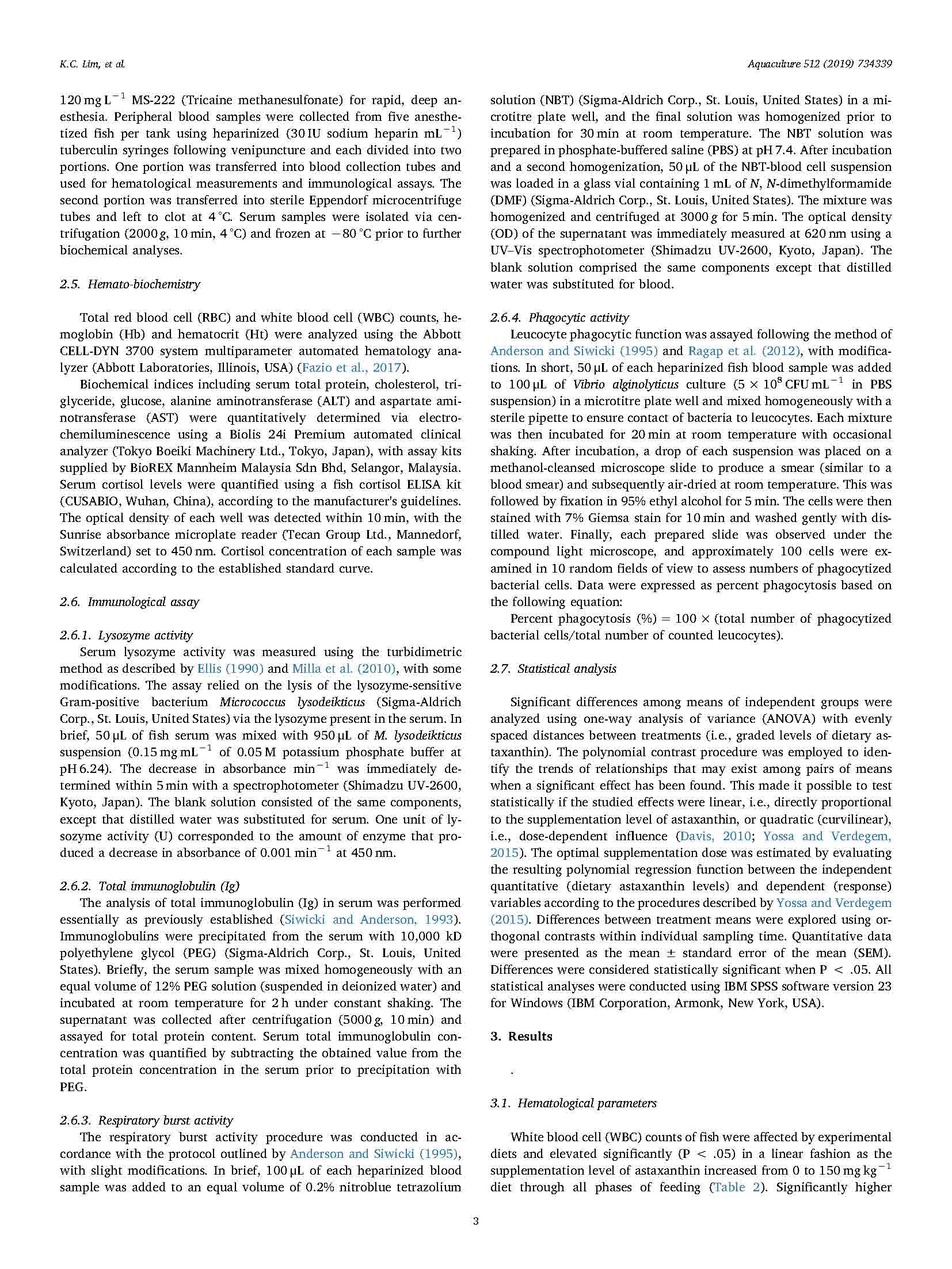 Dietary supplementation of astaxanthin enhances hemato-biochemistry and innate immunity of Asian seabass, Lates calcifer (Bloch, 1790)